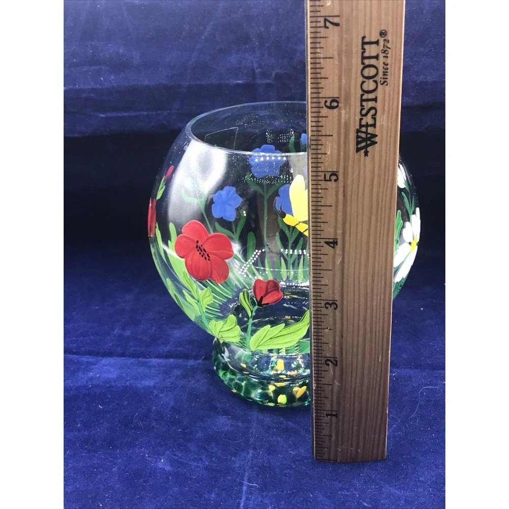 Romania Crystal Art Glass Vase Hand Painted Flowers‎ BEE & BUTTERFLY